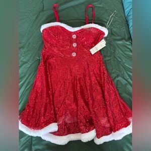 Red Sequin Holiday Dress with Faux Fur Trim